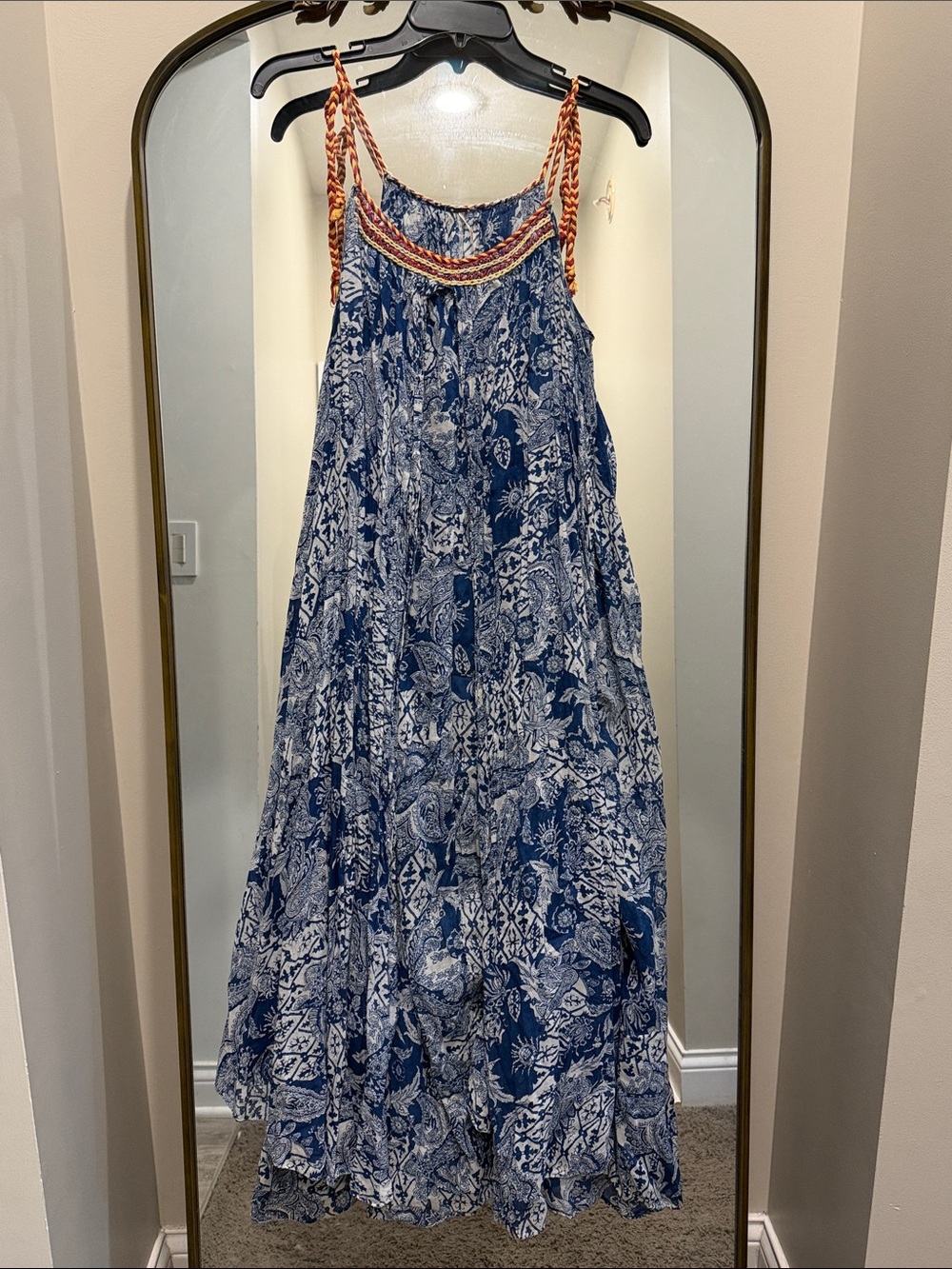 Free People Navy Blue and White Floral Maxi Dress with Braided Straps